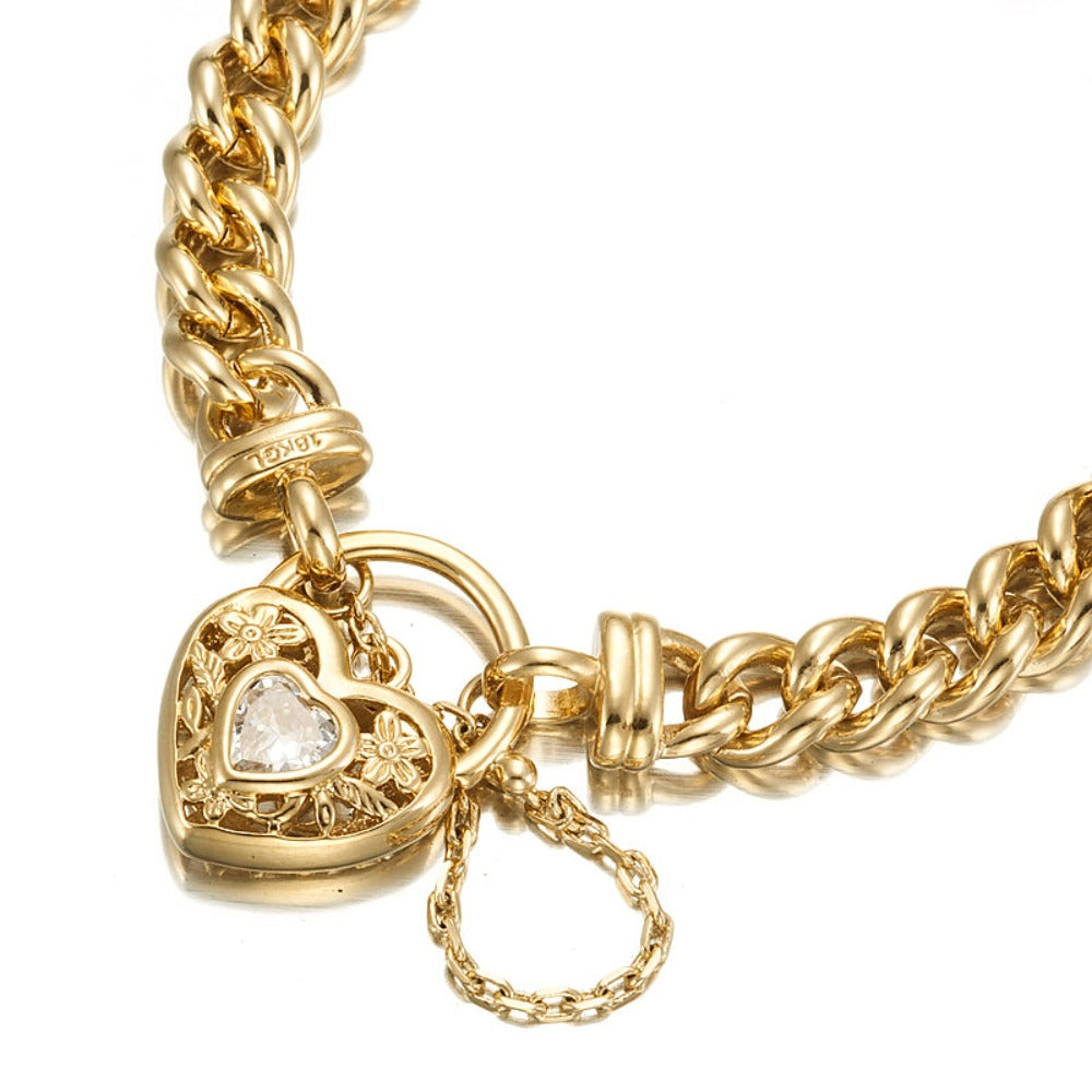 18ct Heavy Yellow Gold Plated Euro Chain Bracelet with a Filigree Locket Featuring a Simulated Diamond - USA Made-0