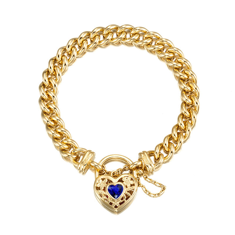 18ct Heavy Yellow Gold Plated Euro Chain Bracelet with a Dark Blue Filigree Locket - USA Made-0