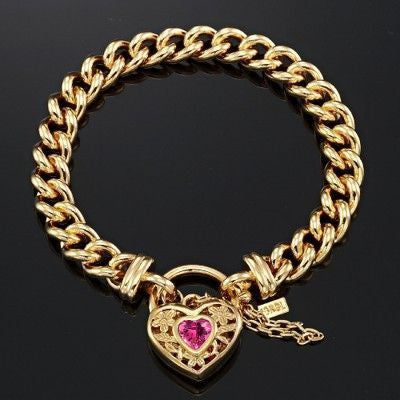18ct Heavy Yellow Gold Plated Euro Chain Bracelet with a Pink Filigree Locket - USA Made-3