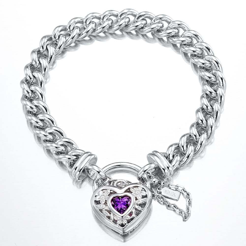 925 Sterling Silver Plated Euro Chain Bracelet with a Purple Filigree Locket - USA Made-0