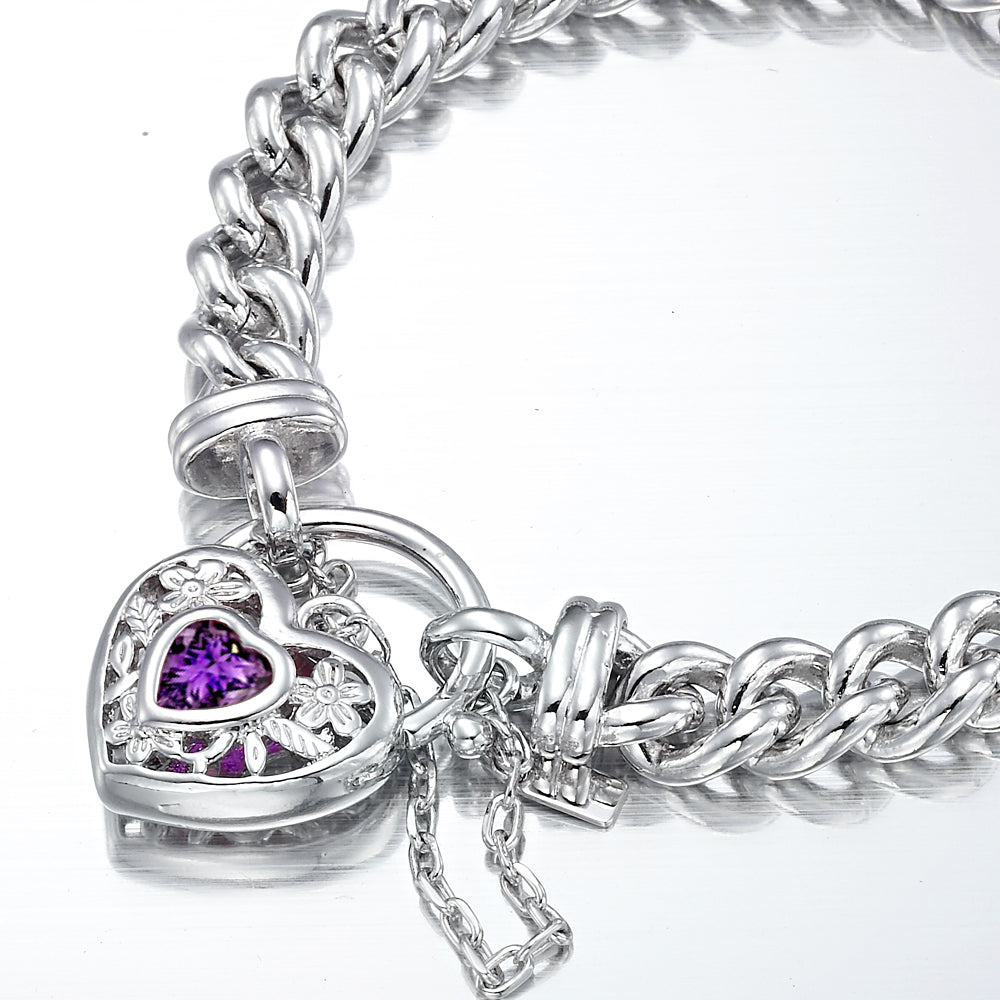 925 Sterling Silver Plated Euro Chain Bracelet with a Purple Filigree Locket - USA Made-2