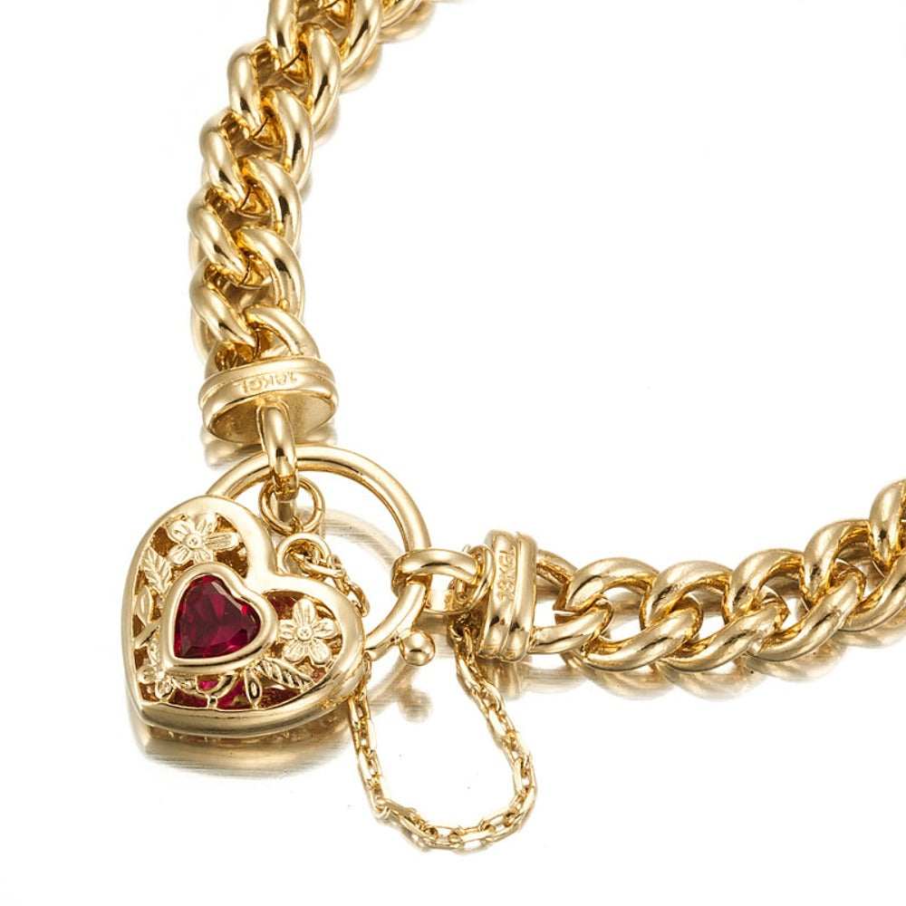 18ct Heavy Yellow Gold Plated Euro Chain Bracelet with a Filigree Locket Featuring a Simulated Ruby - USA Made-2