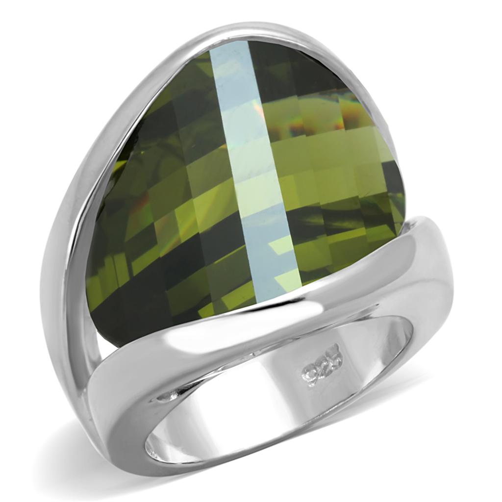 LOS829 - Rhodium 925 Sterling Silver Ring with AAA Grade CZ in Olivine color