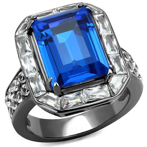 TK2758 - IP Light Black (IP Gun) Stainless Steel Ring with Top Grade Crystal in Capri Blue