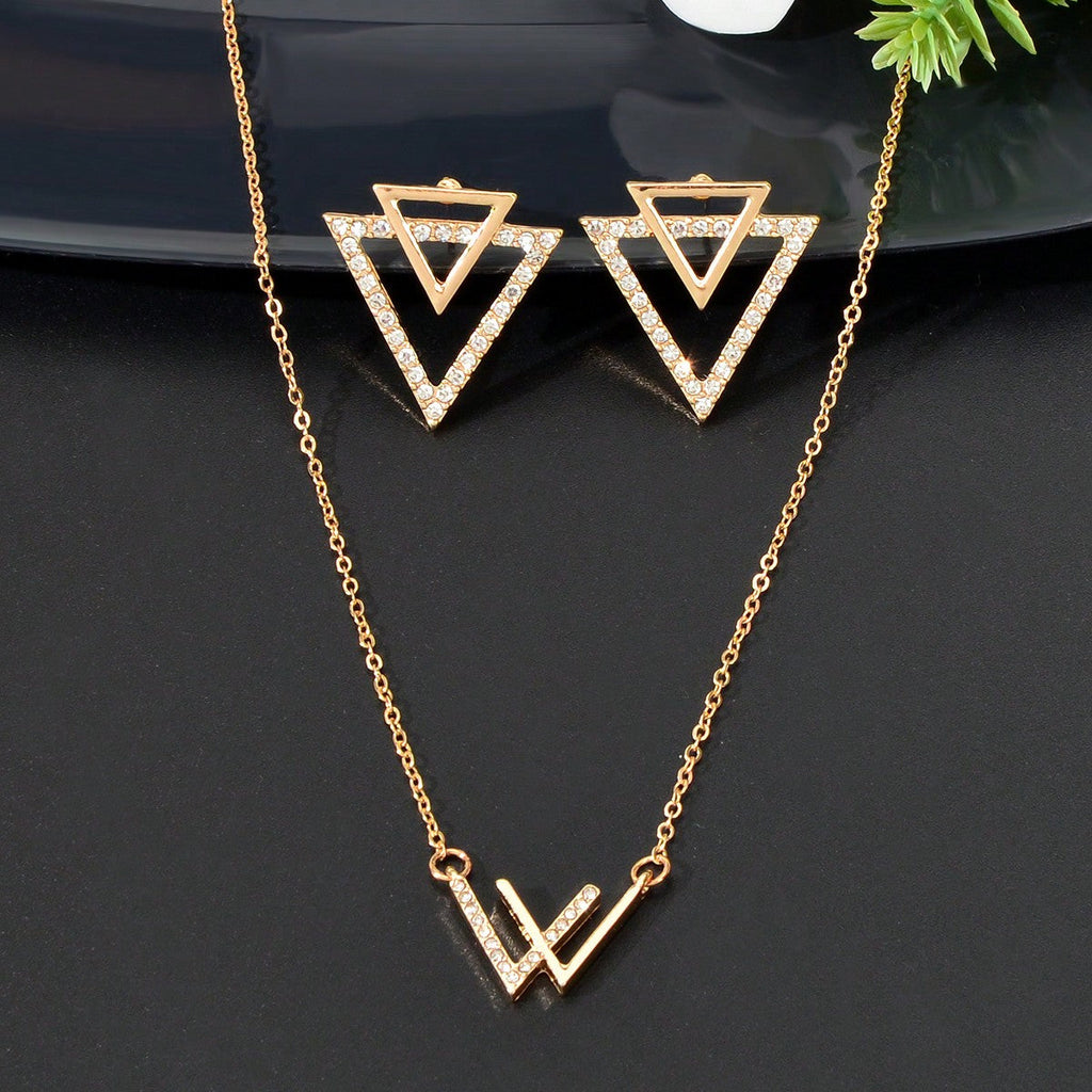 Double V Pendant Necklace with Triangle Earrings Set Chic Stylish Jewellery Gift-0