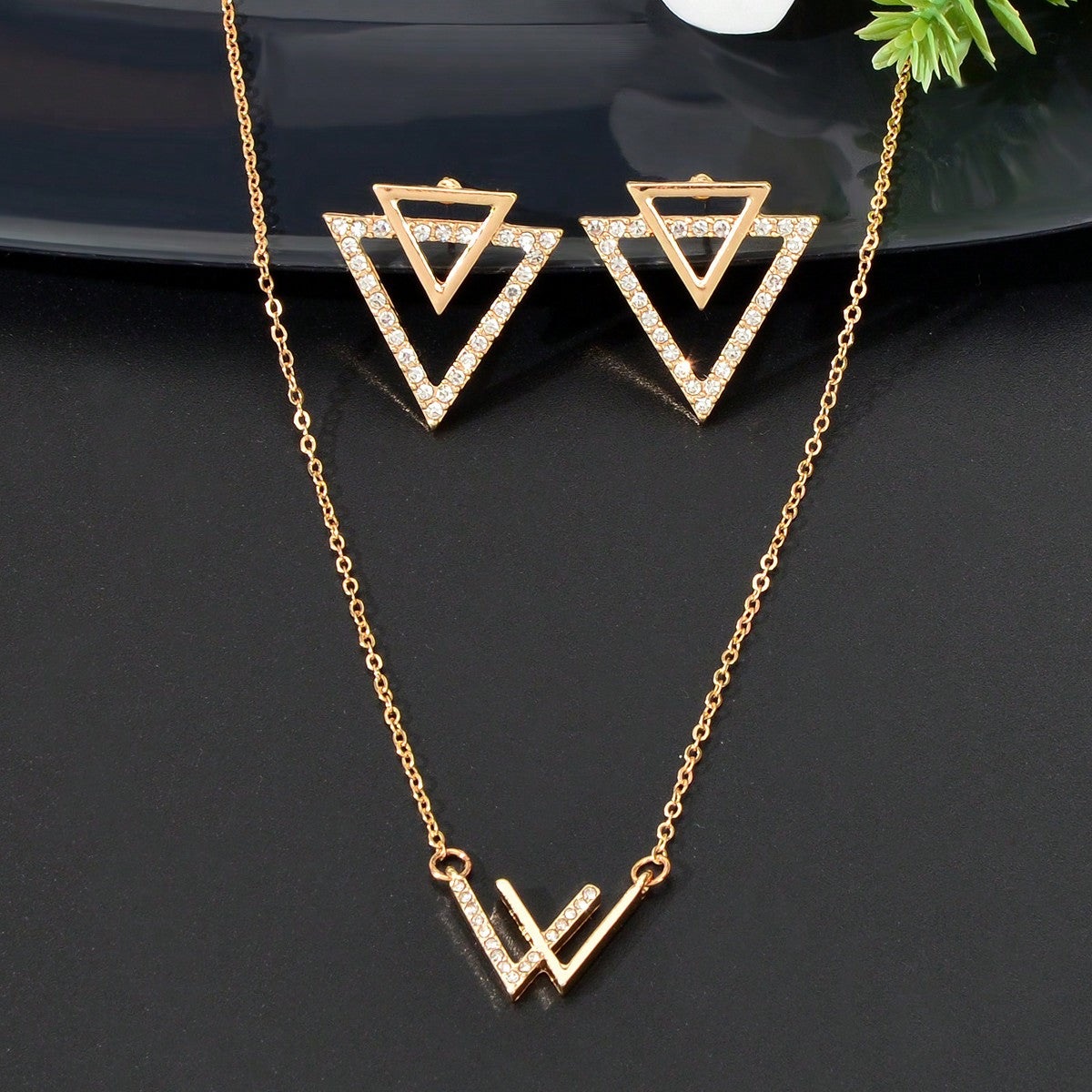 Double V Pendant Necklace with Triangle Earrings Set Chic Stylish Jewellery Gift-0
