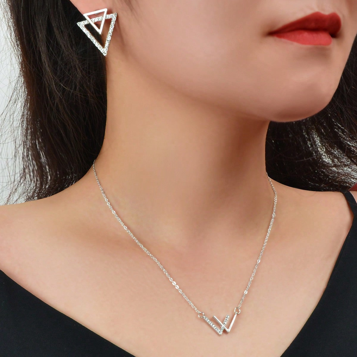 Double V Pendant Necklace with Triangle Earrings Set Chic Stylish Jewellery Gift-4