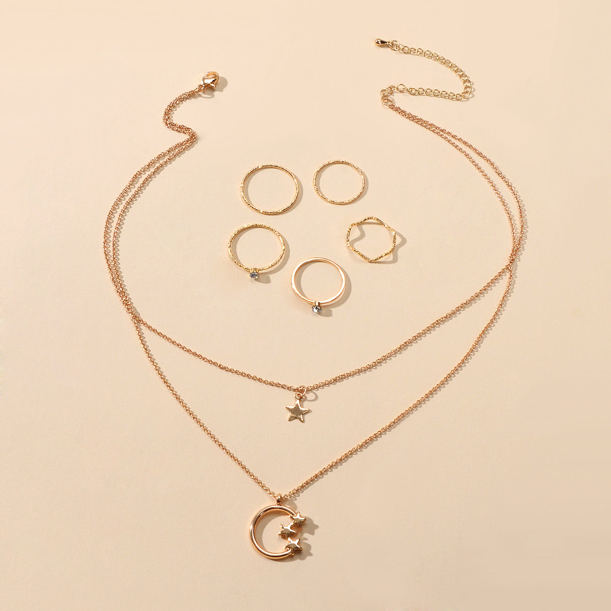 Jewellery Set Double Layer Chain Moon Star Necklace Stackable Wave Knuckle Rings
