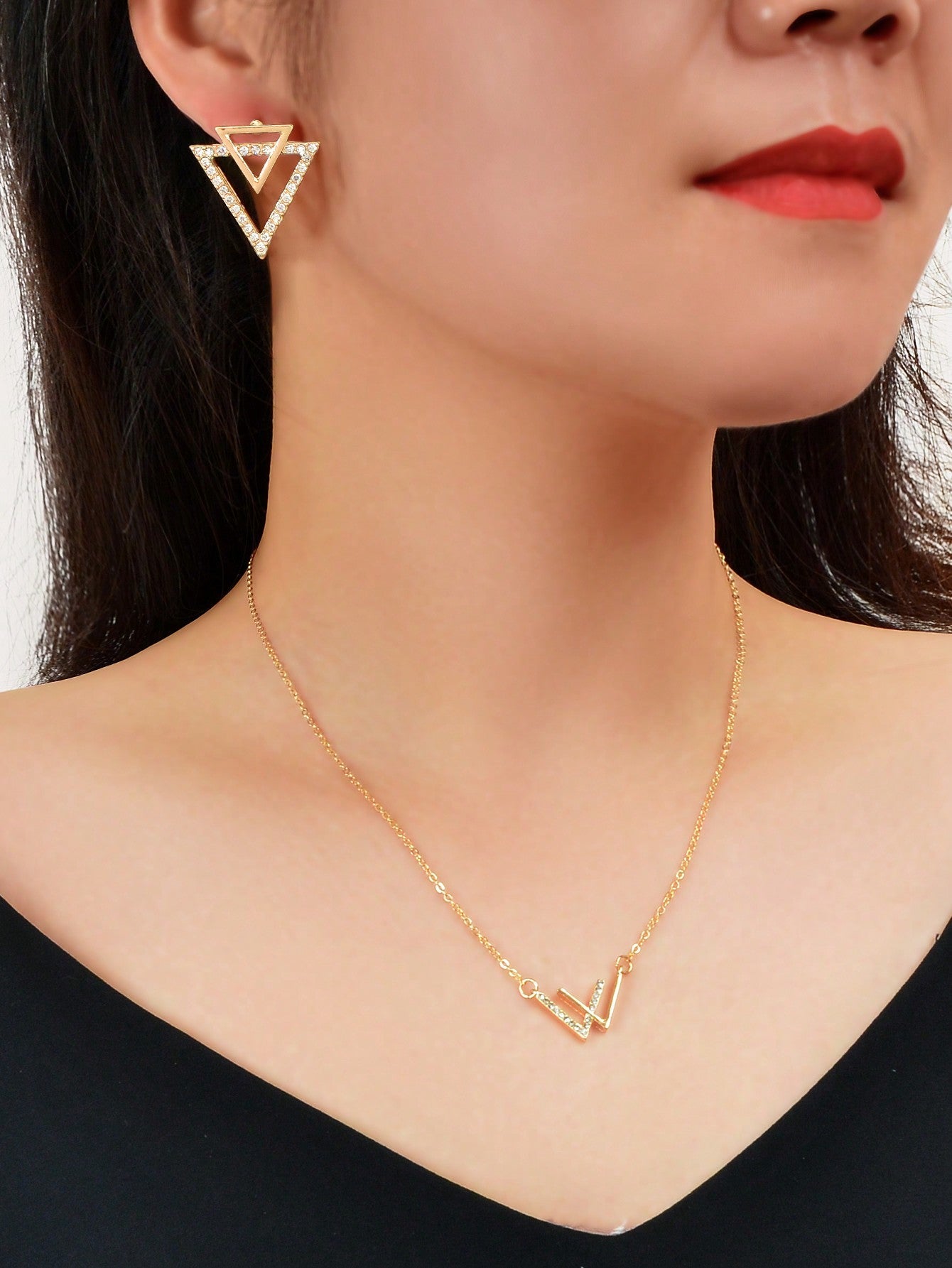Double V Pendant Necklace with Triangle Earrings Set Chic Stylish Jewellery Gift-1