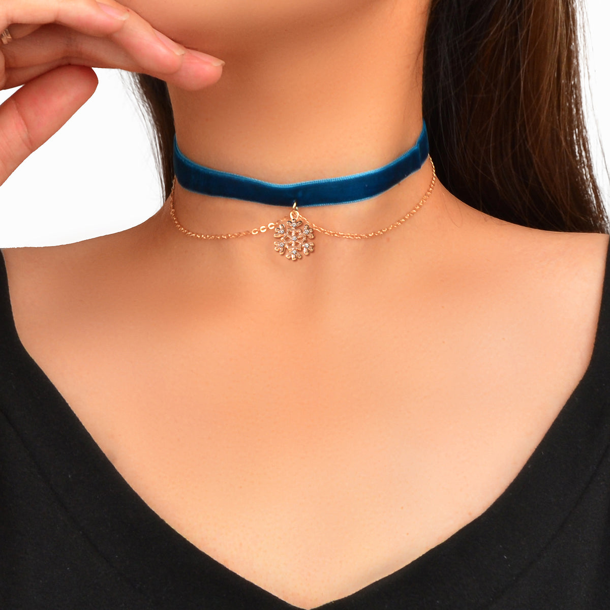 Retro Blue Tattoo Velvet Choker Snowflake Layer Necklace-1