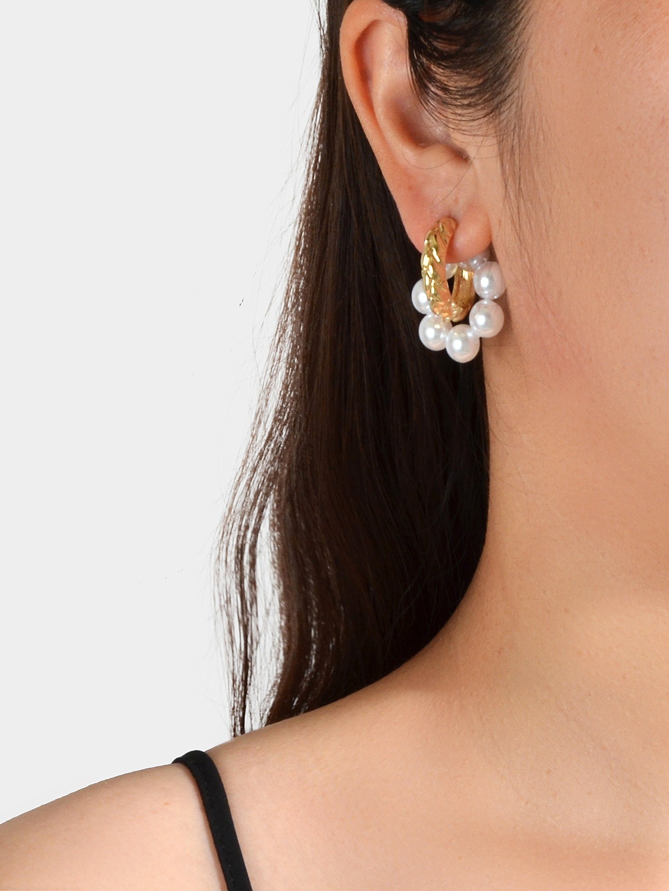 Wedding Engagement Gift Jewellery Gold Metal Pearl Hoop Stud Textured Earrings-0