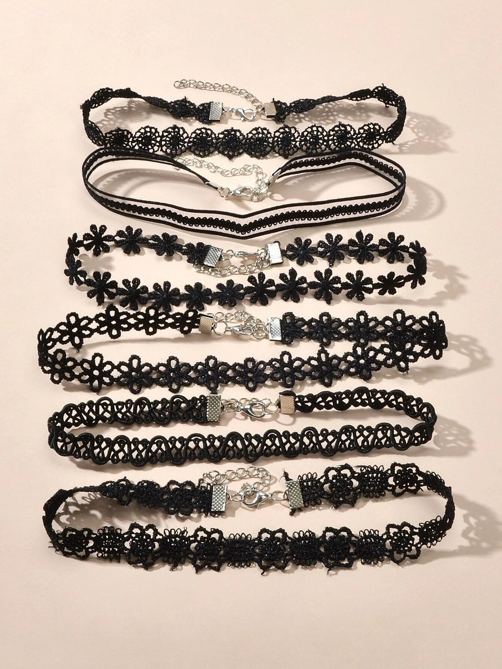 6 pcs 90s Black Lace Flower Retro Tattoo Choker Set Necklaces Punk Gothic Collar-0