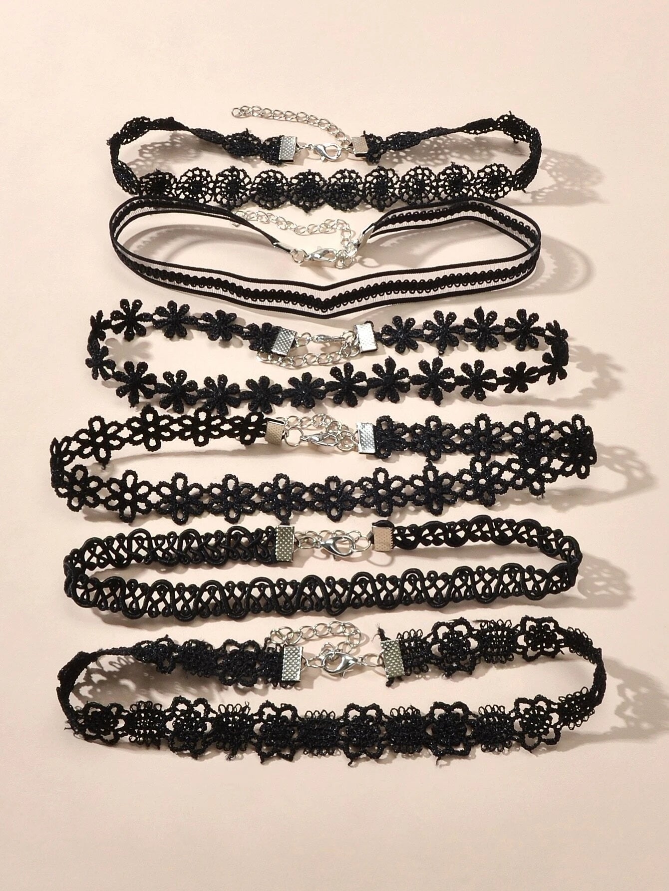 6 pcs 90s Black Lace Flower Retro Tattoo Choker Set Necklaces Punk Gothic Collar-0