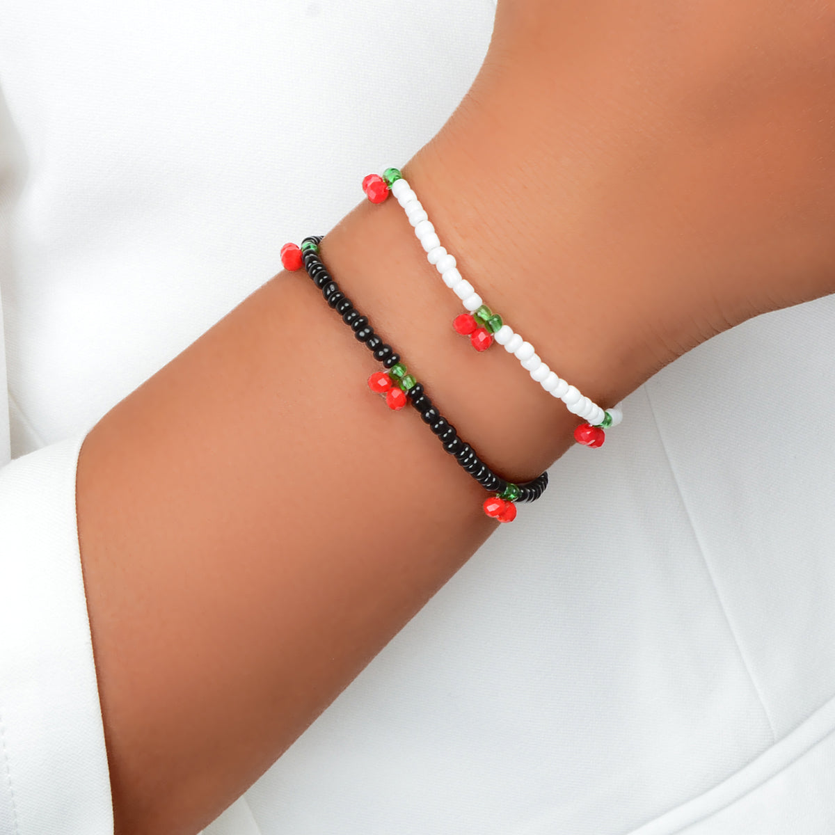 Boho 2 pcs Stackable White Black Seed Beads Stretch Elastic Red Cherry Bracelets-0