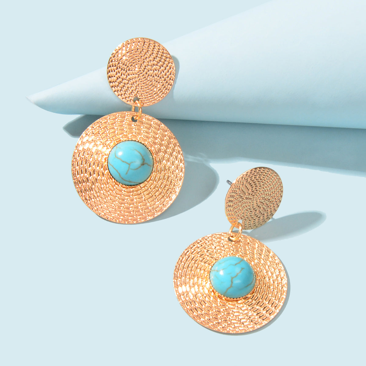 Bohemian Ethnic Style Turquoise Gold Round Disc Big Statement Vacation Earrings-0