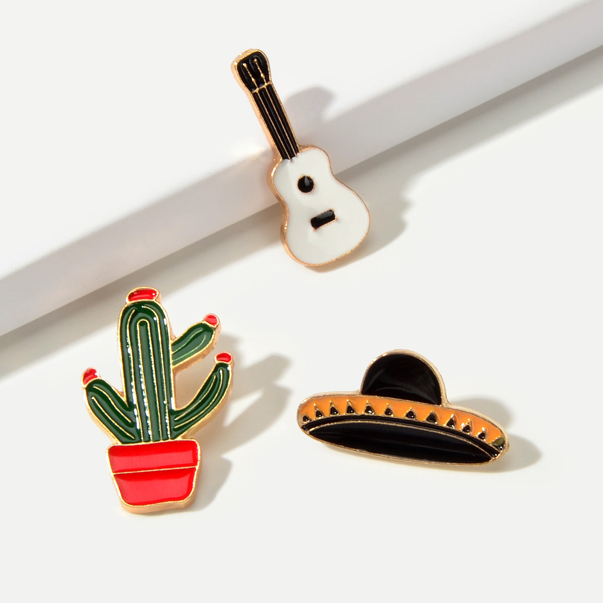 3 pcs Enamel Pin Set Lovely Guitar Cap Cactus Brooch Pins Decorative Lapel Badge-0