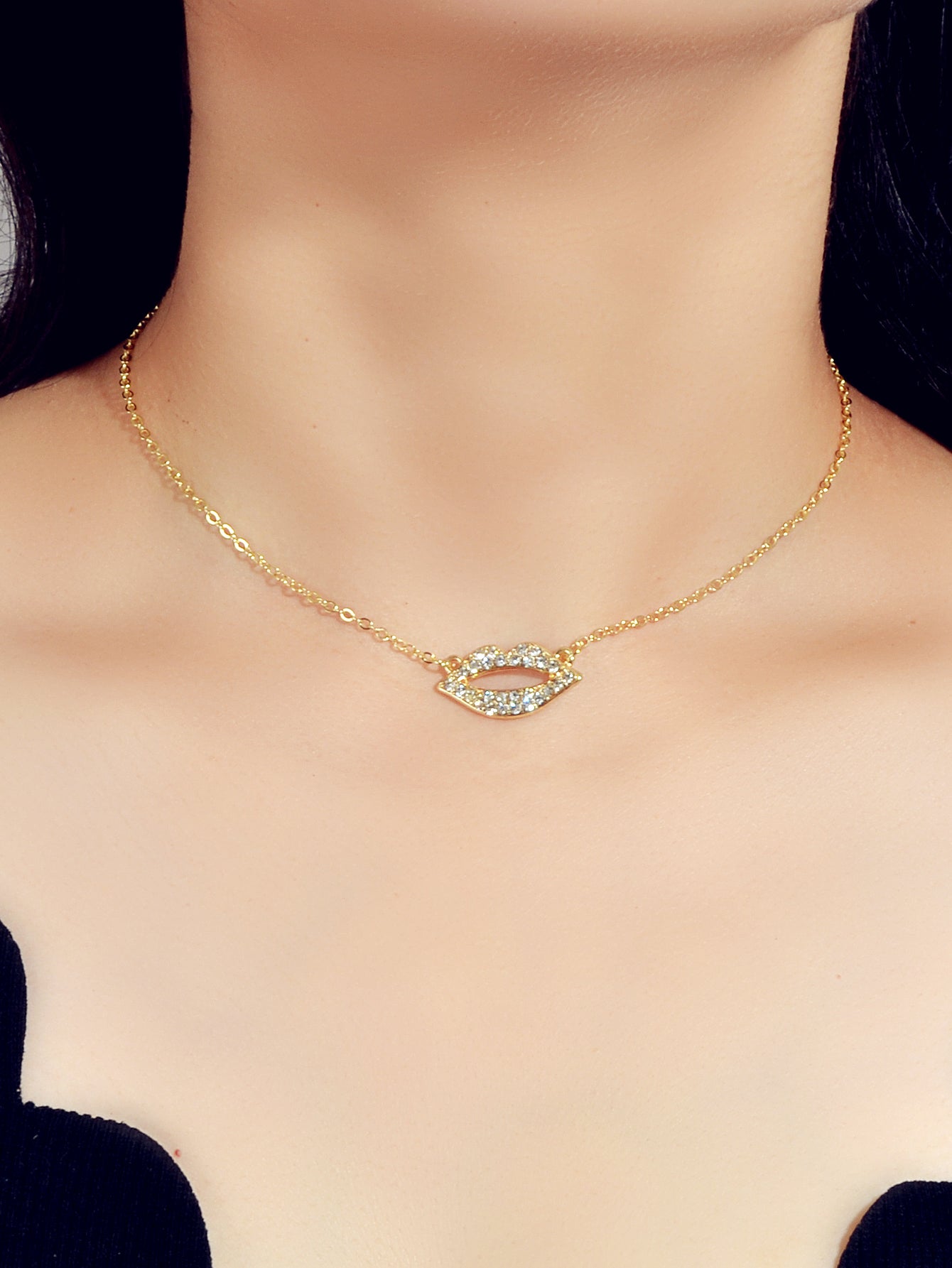 Gift Jewellery Valentine's Day Gold Chain Rhinestone Love Lips Pendant Necklace