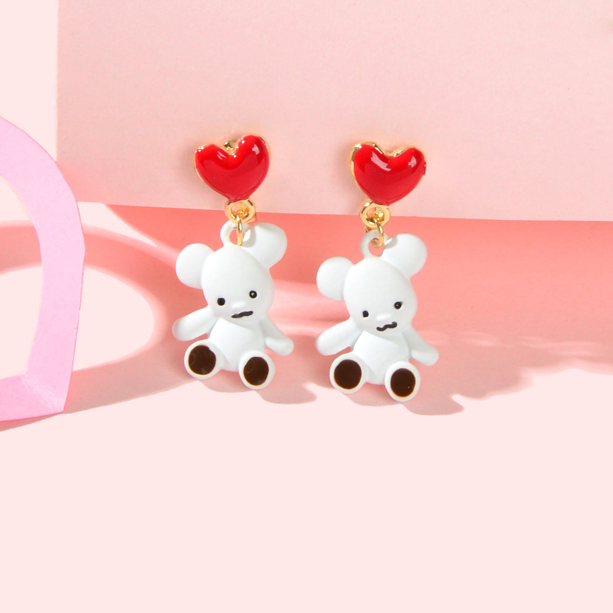Cute Cartoon Red Love Heart White Bear Funny Stud Earrings Perfect as a Gift-0