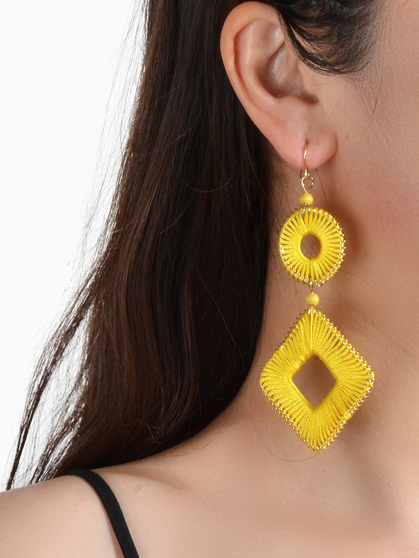 Ethnic India Jewelry Yellow Rope Braided Handmade Round Square Bohemian Earrings-0