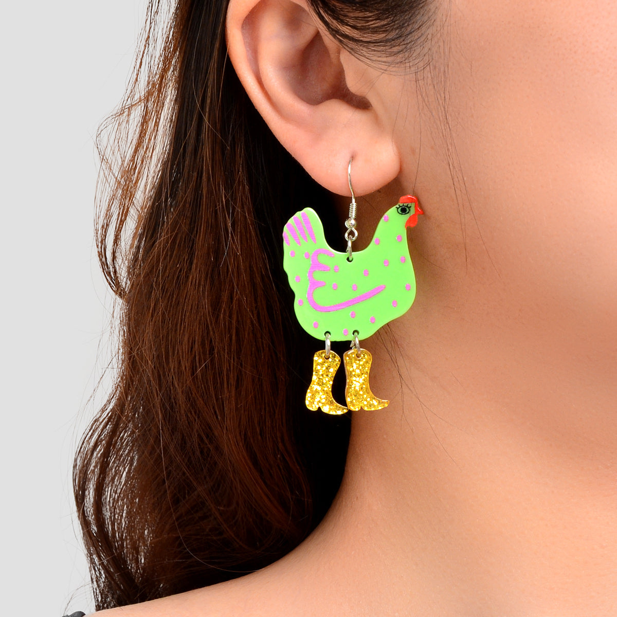 Cute Design Hen with Boot Dangle Lightweight Acrylic Chicken Earrings Party Gift-5