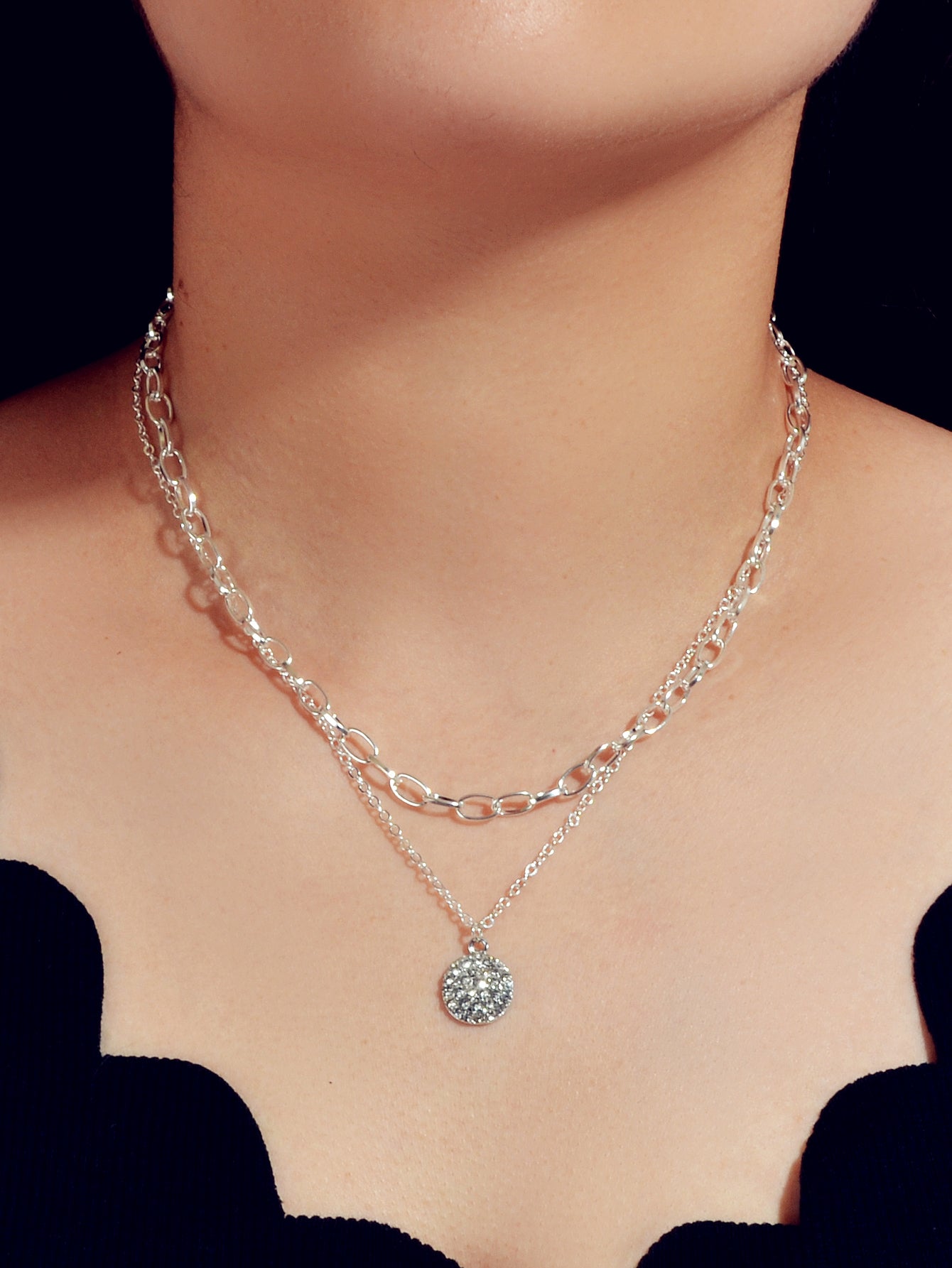 Female Jewellery Double layer Paperclip Gold Silver Chain Round Pendant Necklace-4