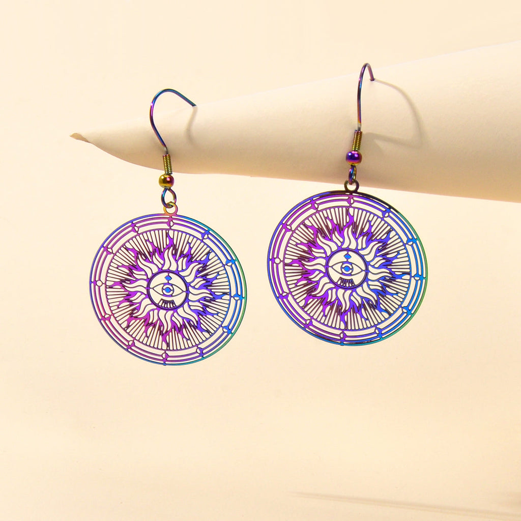 American Indian Ethnic Metal Hollow out Rouns Sun Eye Statement Dangle Earrings-0