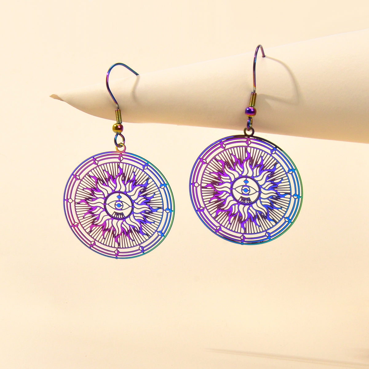 American Indian Ethnic Metal Hollow out Rouns Sun Eye Statement Dangle Earrings-0