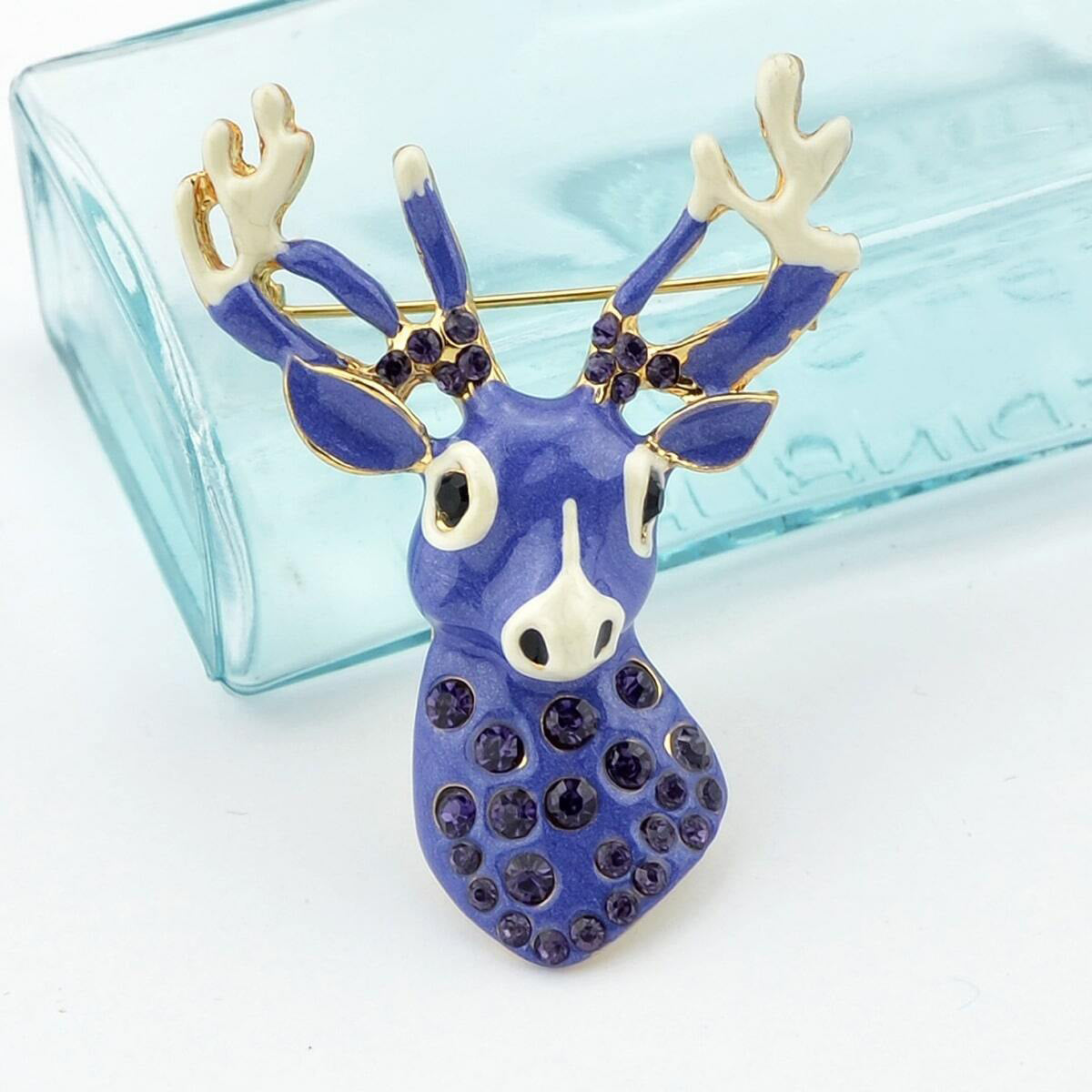 Delicate Xmas Jewellery Rhinestone Reindeer Brooch Purple Deer Head Animals Pin-0
