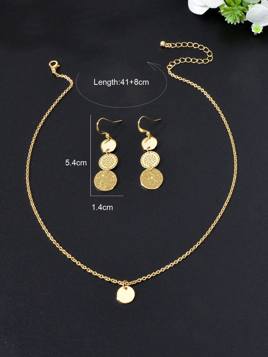 Gold Small Disc Pendant Necklace and Earring Set - Elegant Jewelry Ensemble-1