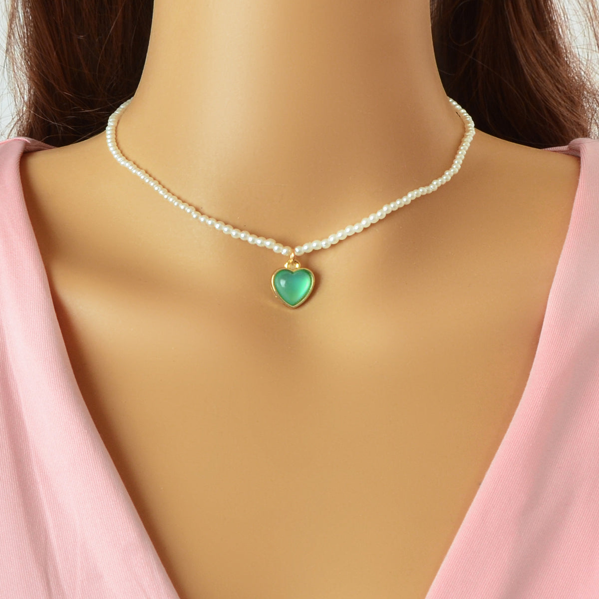 Anniversary Wedding Jewelry Pearl Beaded Chain Green Heart Charm Collar Necklace-0