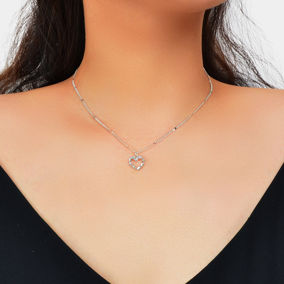 Silver Chain Rhinestone Heart Necklace Delicate Jewelry