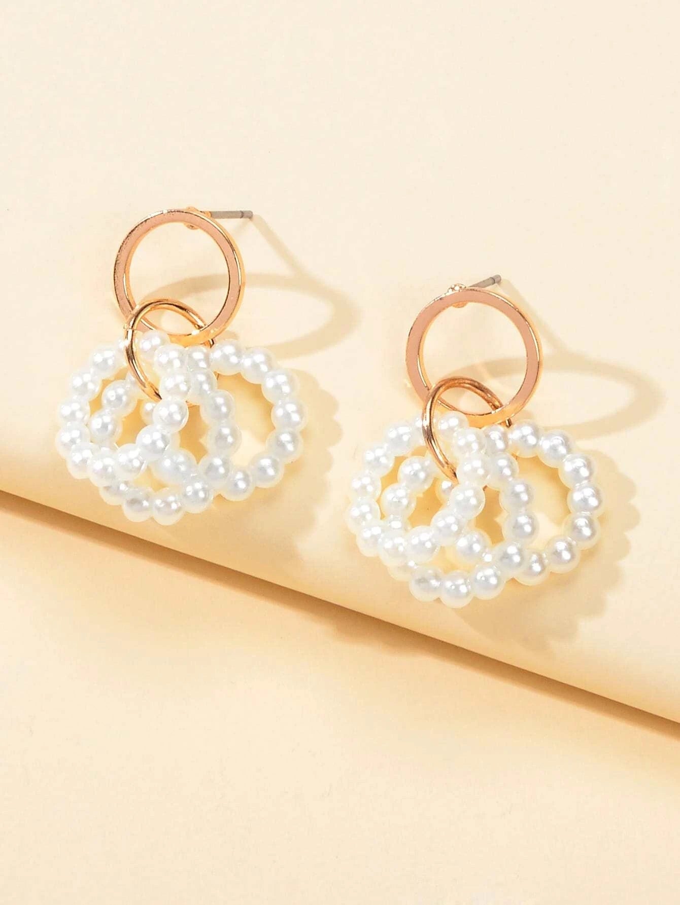 Pearl Decor Circle Dangle Drop Classical Earrings Ladies Girls Teens Hoop Stud-0