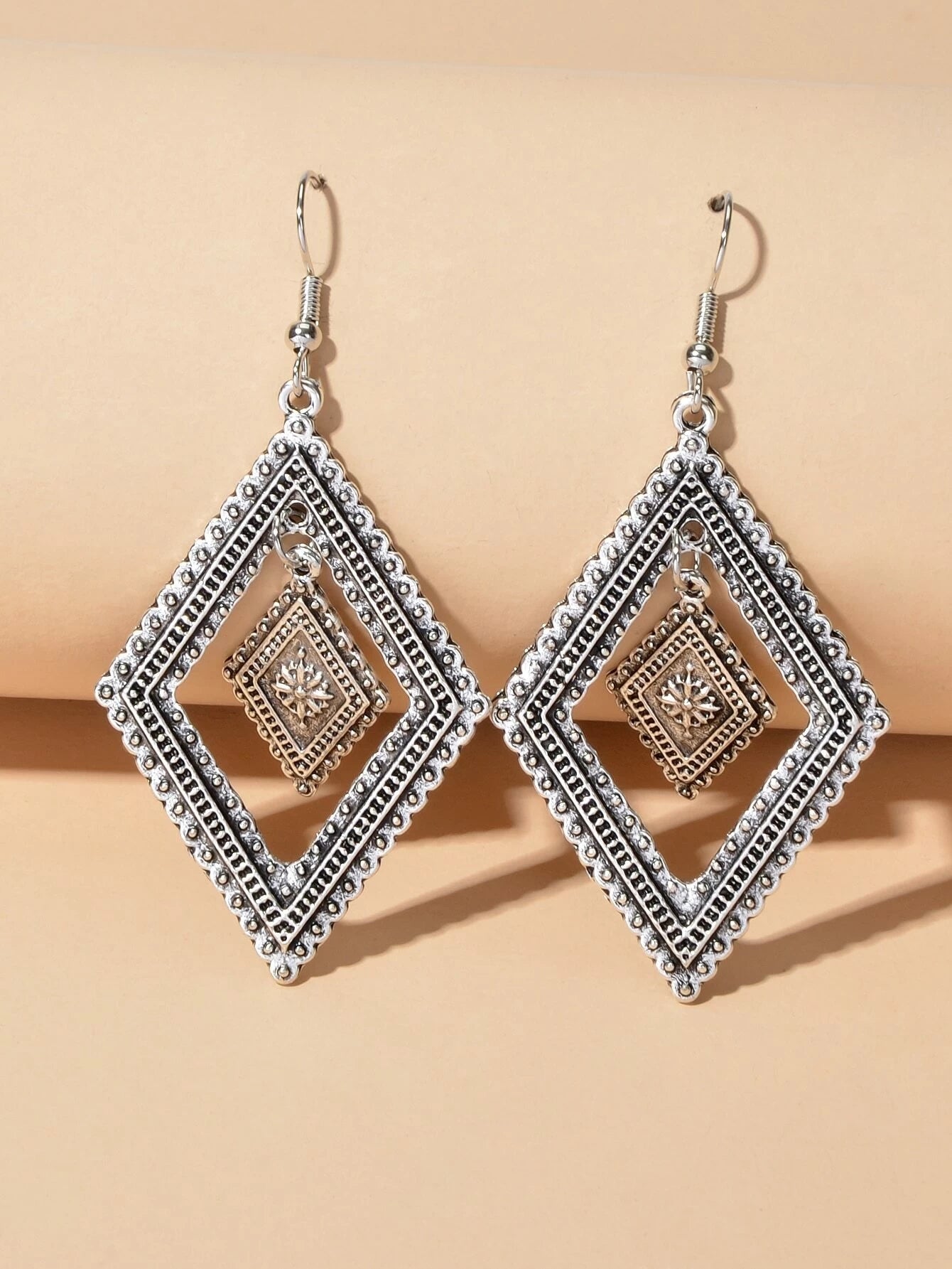 Tribal Ethnic Vintage Women Antique Silver Rhombus Geometric Dangle Earrings-1