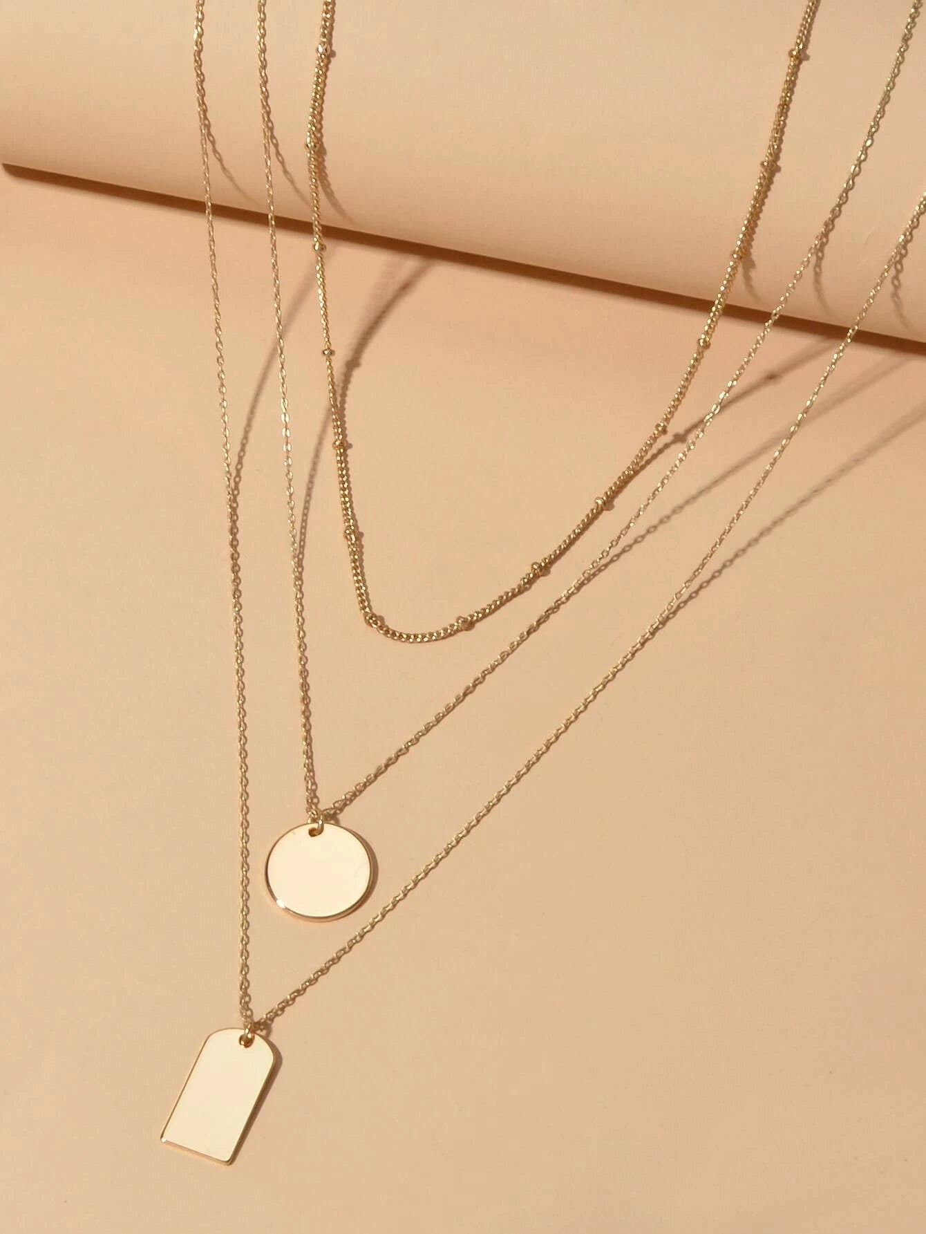 3pcs Multi-layer Gold Tone Chain Round Square Pendant Necklace Girls Teens Gift-1