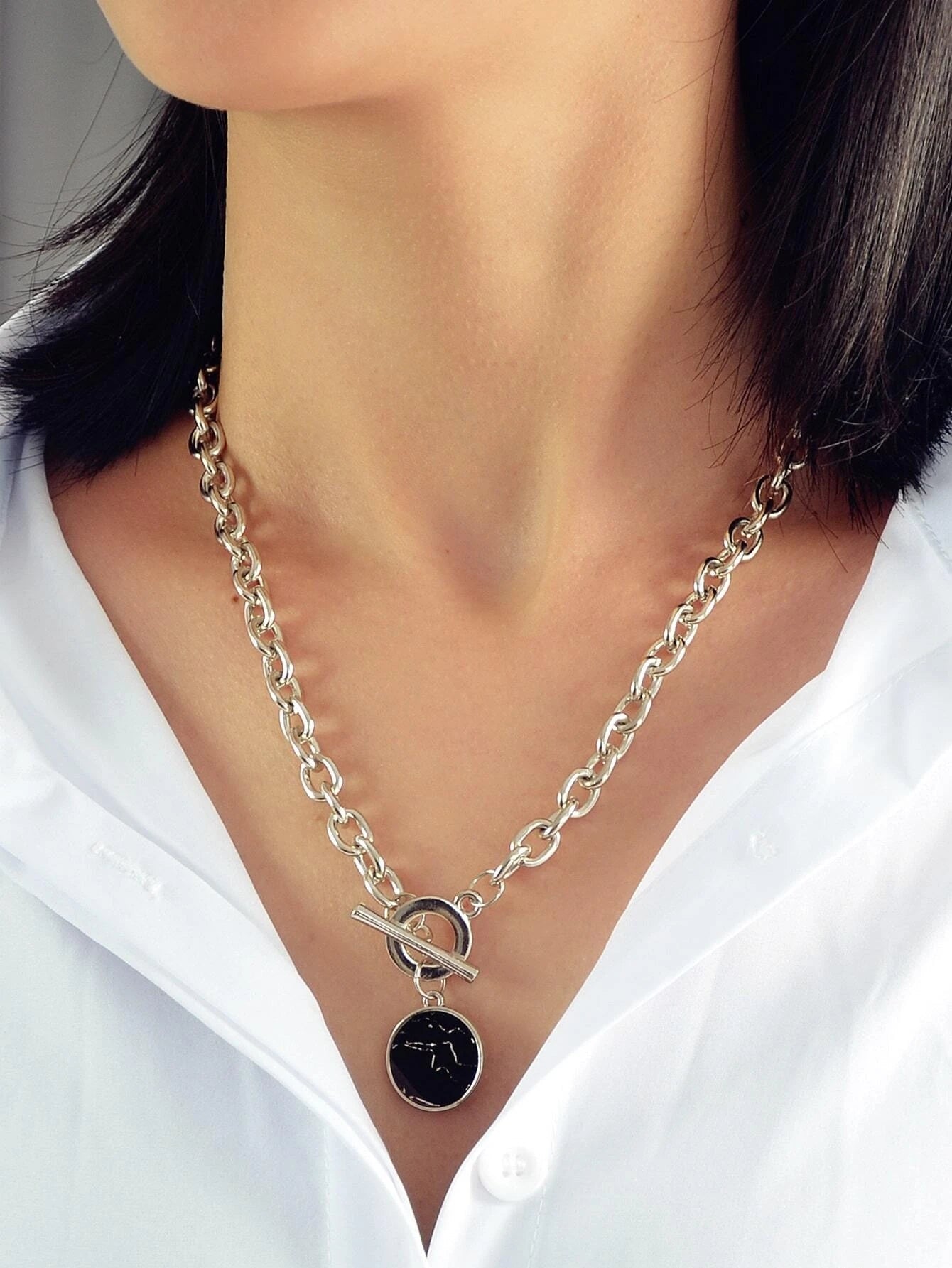 Punk Jewelry Chunky Silver Chain Black Marble Round Pendant Necklace Accessories-0