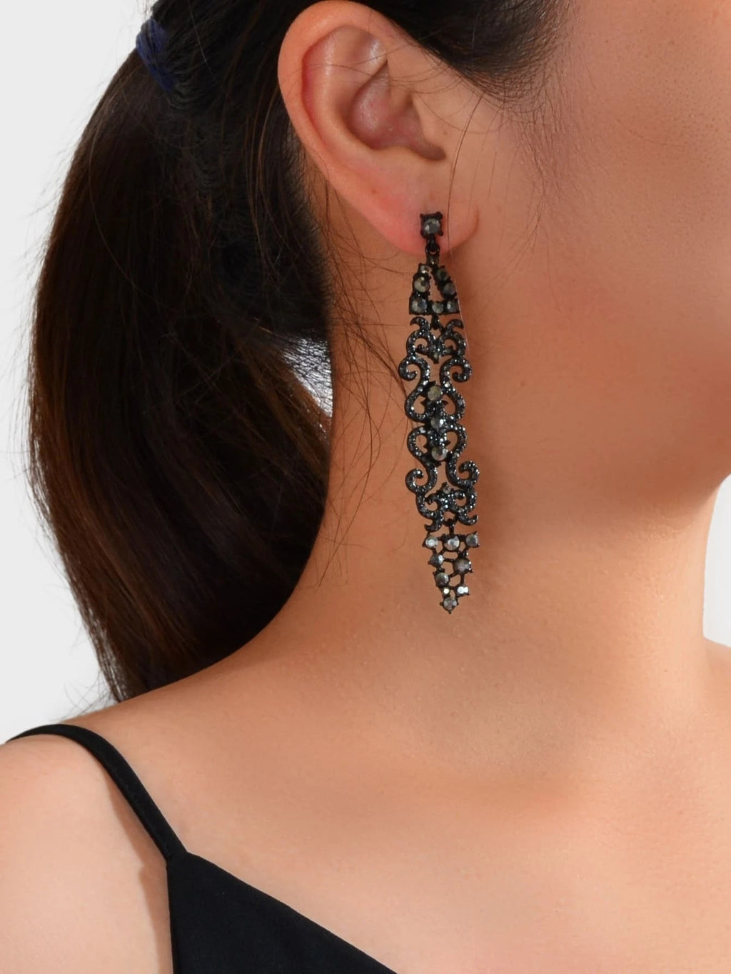 Rhinestone Black Hollow out Long Geometric Vintage Dangle Earrings Punk Jewelry-0