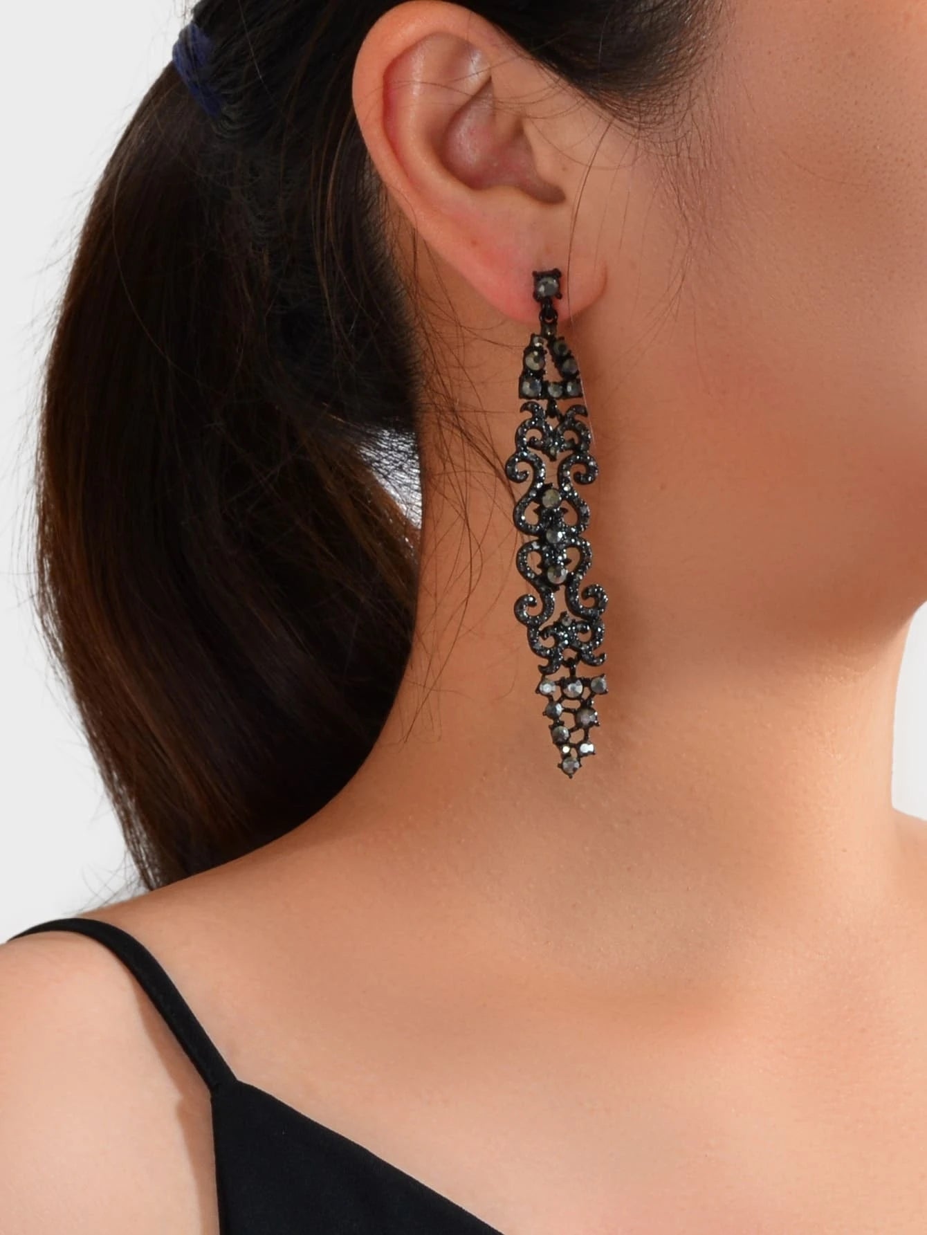 Rhinestone Black Hollow out Long Geometric Vintage Dangle Earrings Punk Jewelry-0