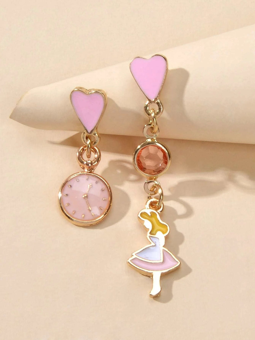 Cartoon Pink Heart Clock Dancer Asymmetric Drop Earrings Women Girls Dainty Gift-0
