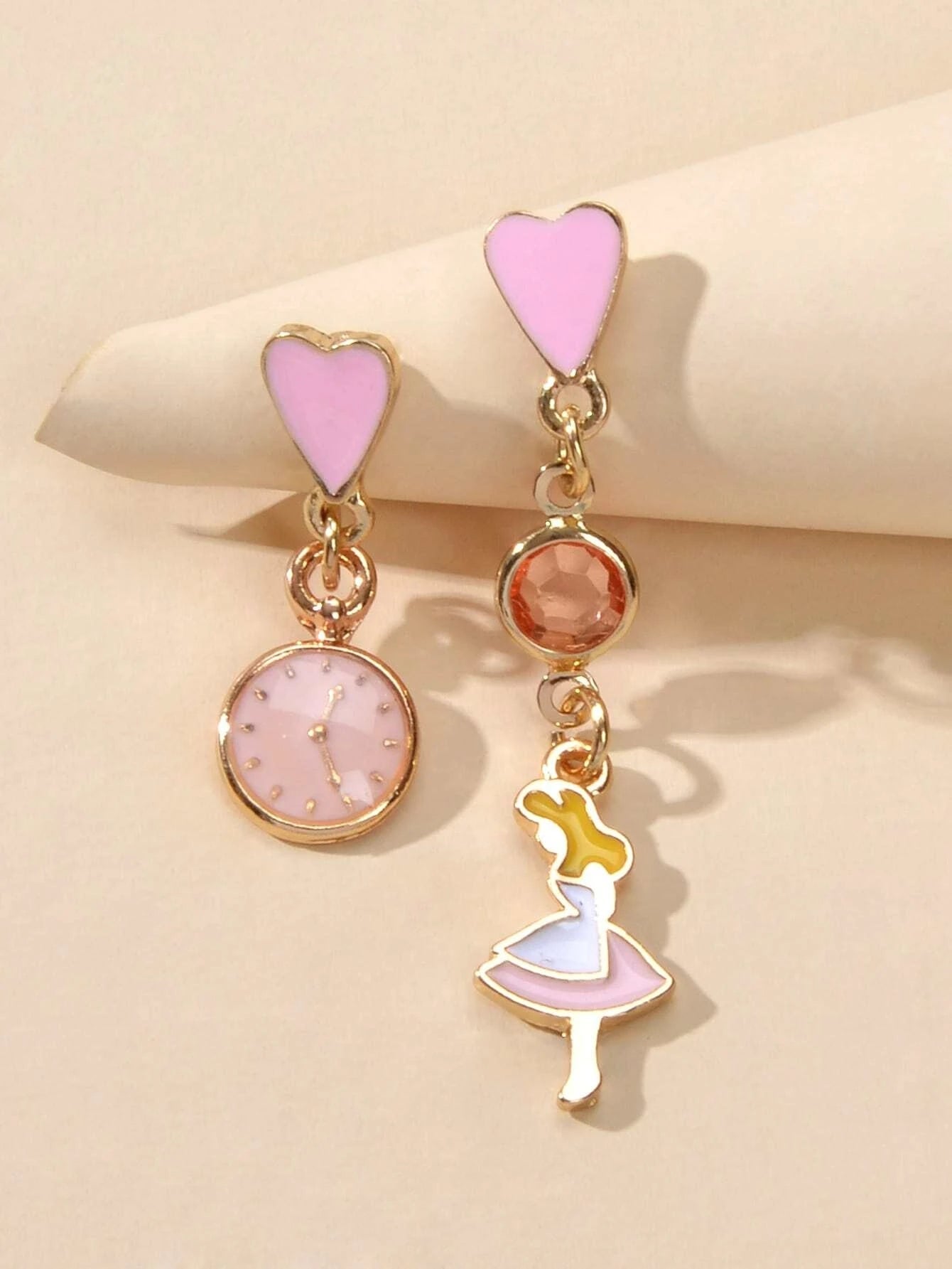 Cartoon Pink Heart Clock Dancer Asymmetric Drop Earrings Women Girls Dainty Gift-0