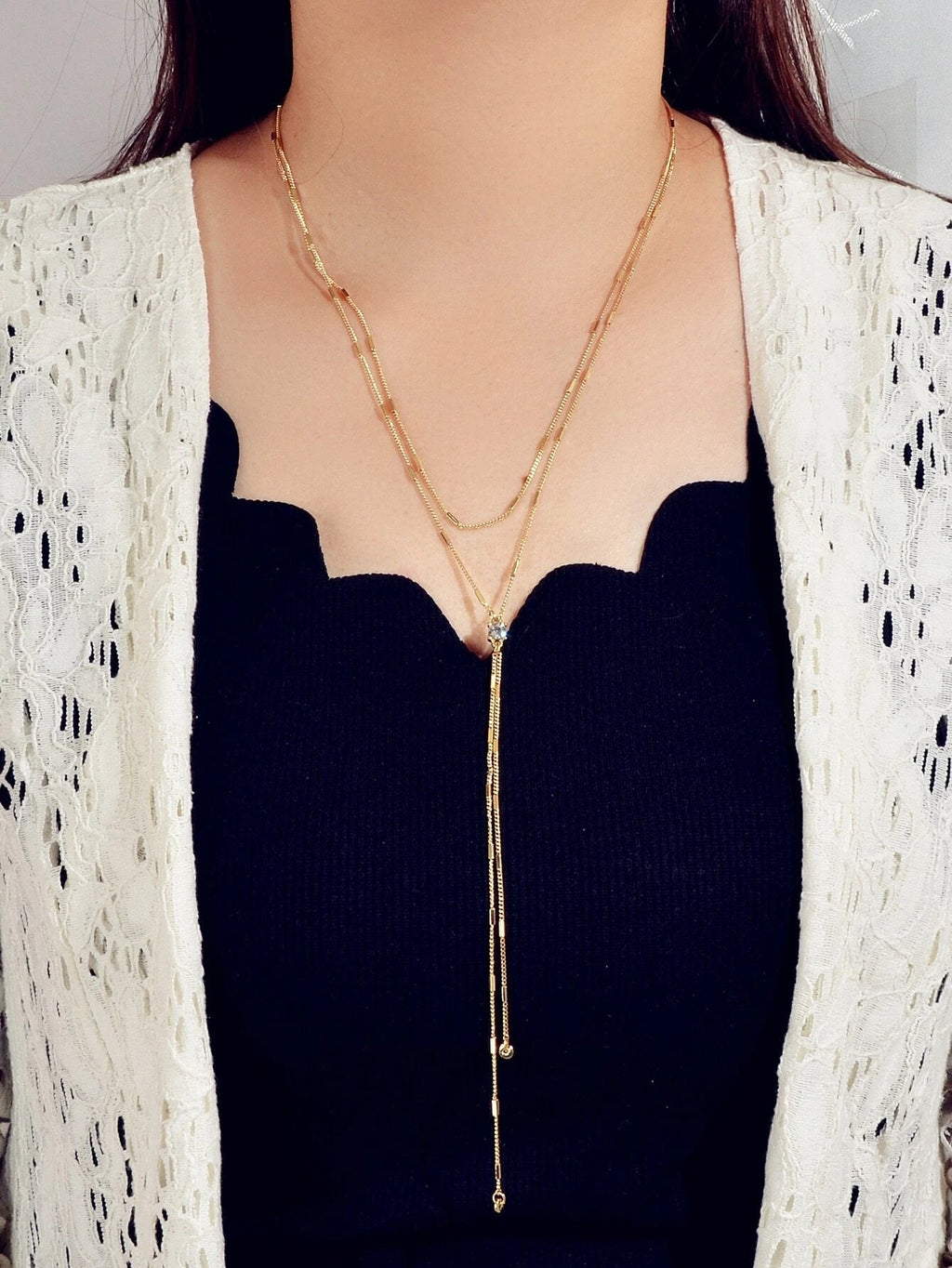 Rhinestone Double layer Long Chain Y-lariat Fringe Necklace Textured Jewellery-0