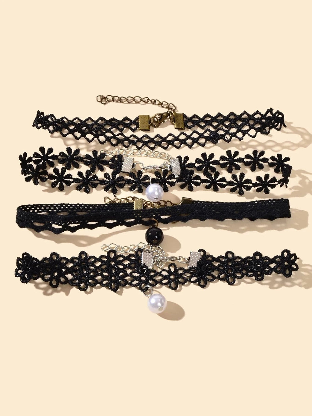 Black Elastic 4pcs Lace Flower Boho Gothic 90s Tattoo Choker Triangle Collar-0