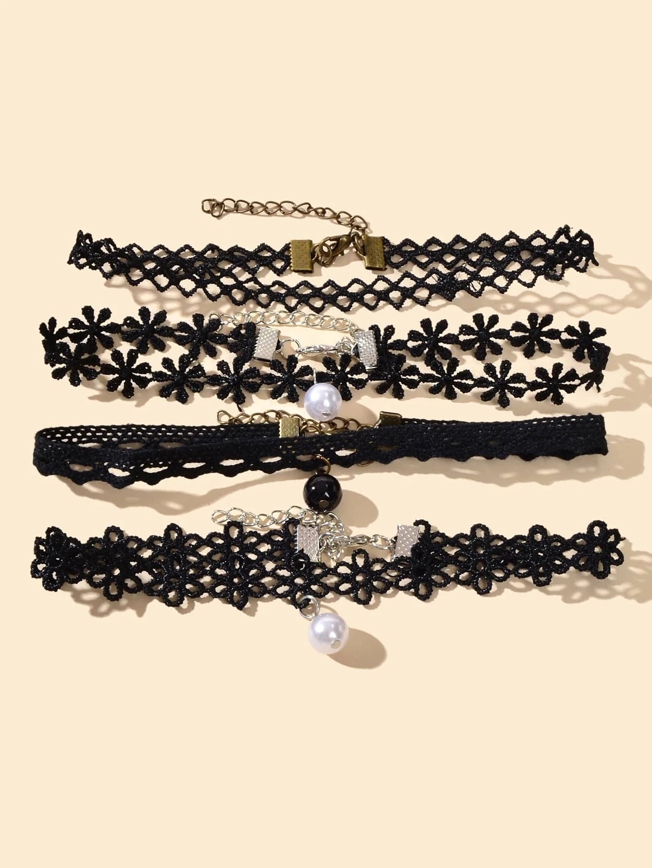 Black Elastic 4pcs Lace Flower Boho Gothic 90s Tattoo Choker Triangle Collar-0