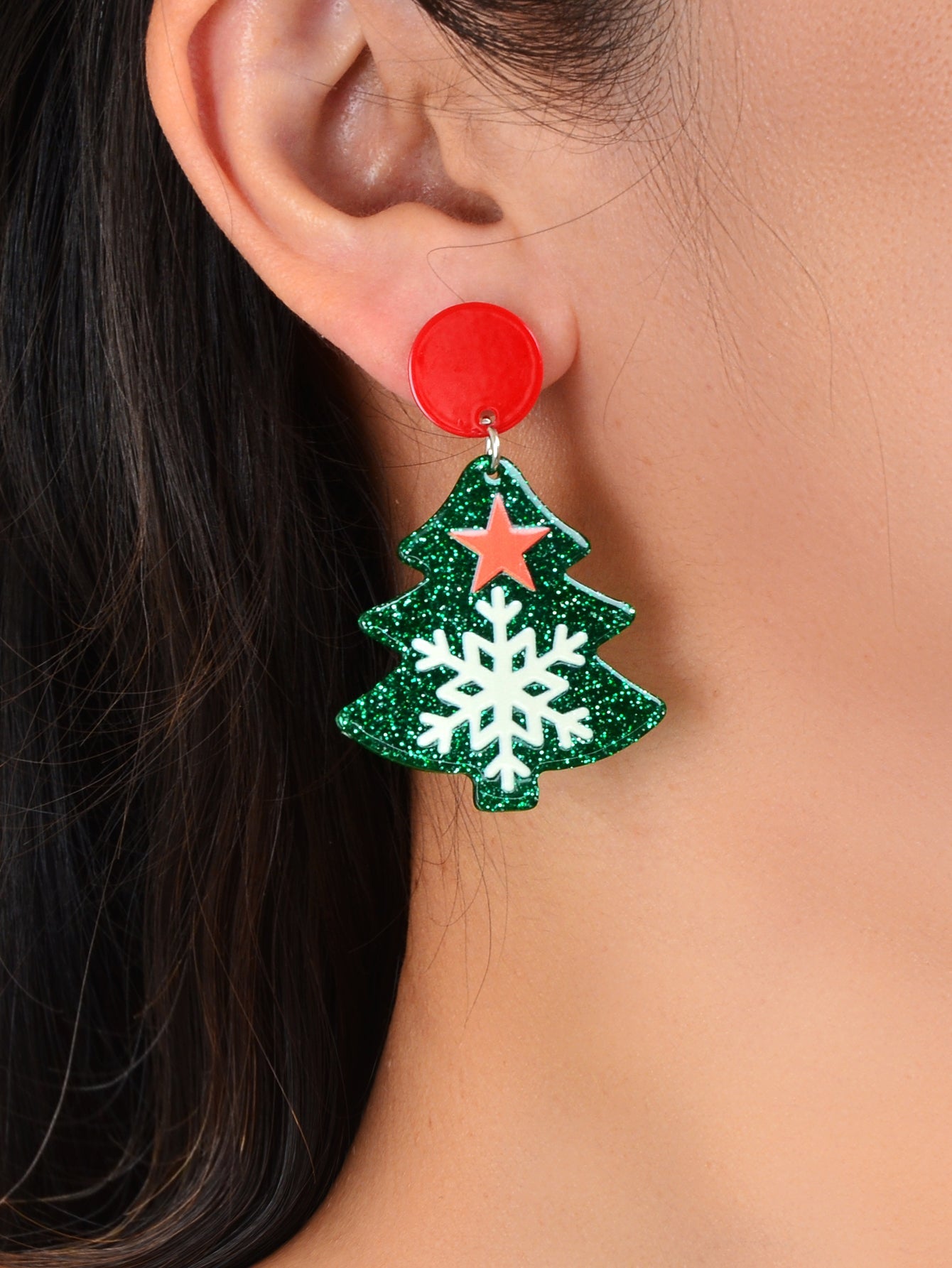 Green Christmas Tree with Star Snowflake Acrylic Stud Earrings Festival JewelryFestival Jewelry-1
