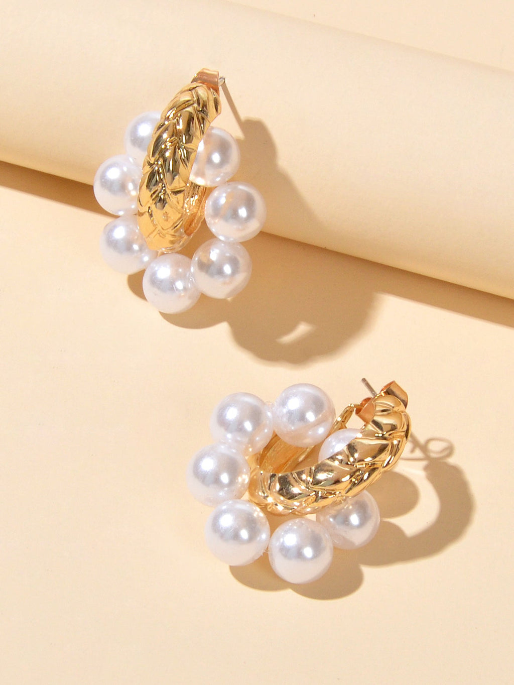 Wedding Engagement Gift Jewellery Gold Metal Pearl Hoop Stud Textured Earrings-1