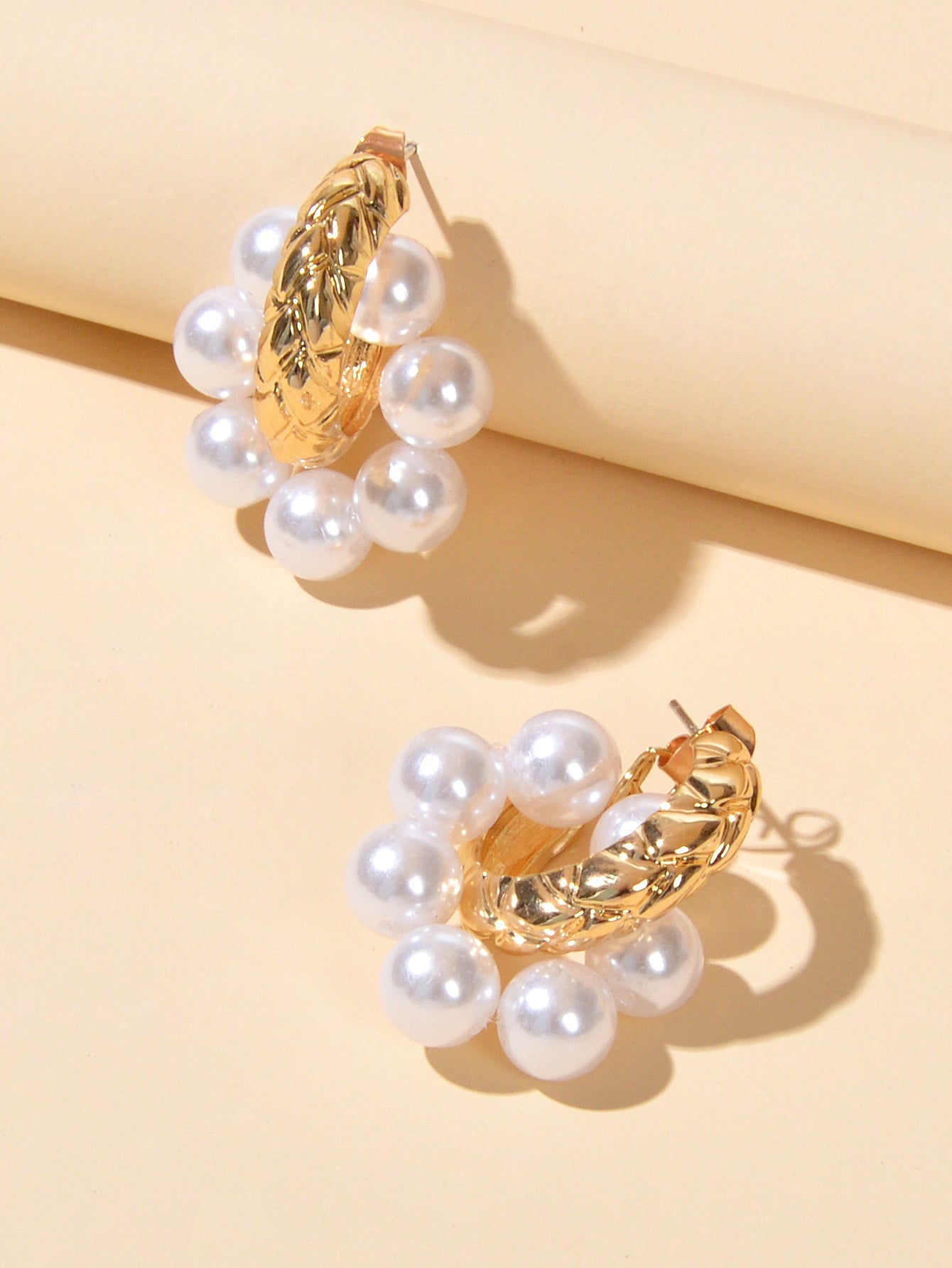 Wedding Engagement Gift Jewellery Gold Metal Pearl Hoop Stud Textured Earrings-1