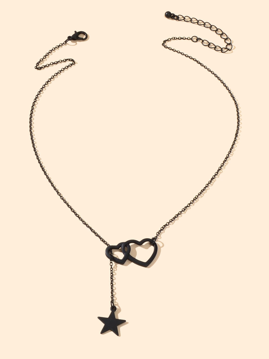 Black Chain Double Hearts Linked Star Pendant Y Lariat Necklace Clavicle Collar-1