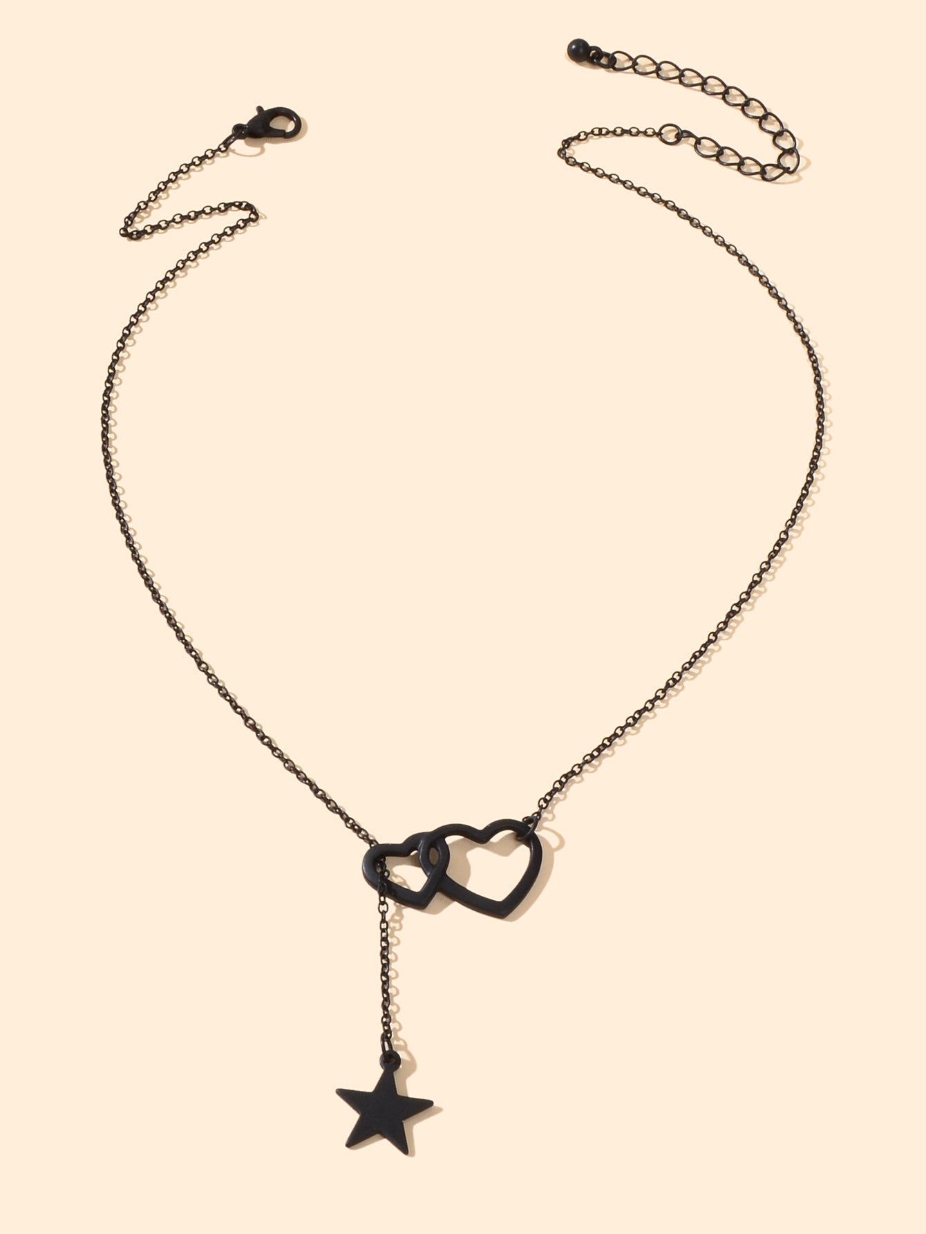 Black Chain Double Hearts Linked Star Pendant Y Lariat Necklace Clavicle Collar-1