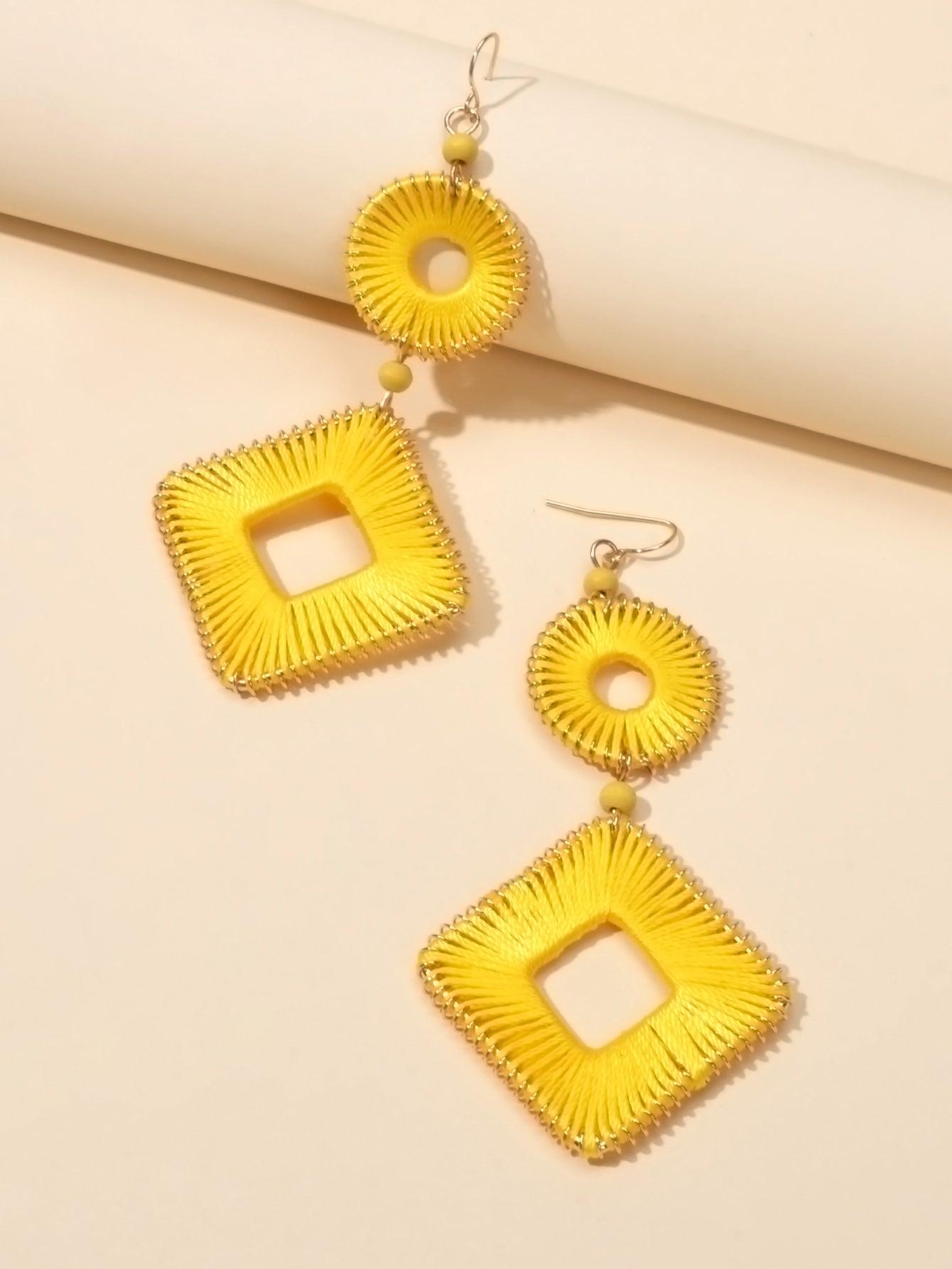 Ethnic India Jewelry Yellow Rope Braided Handmade Round Square Bohemian Earrings-1