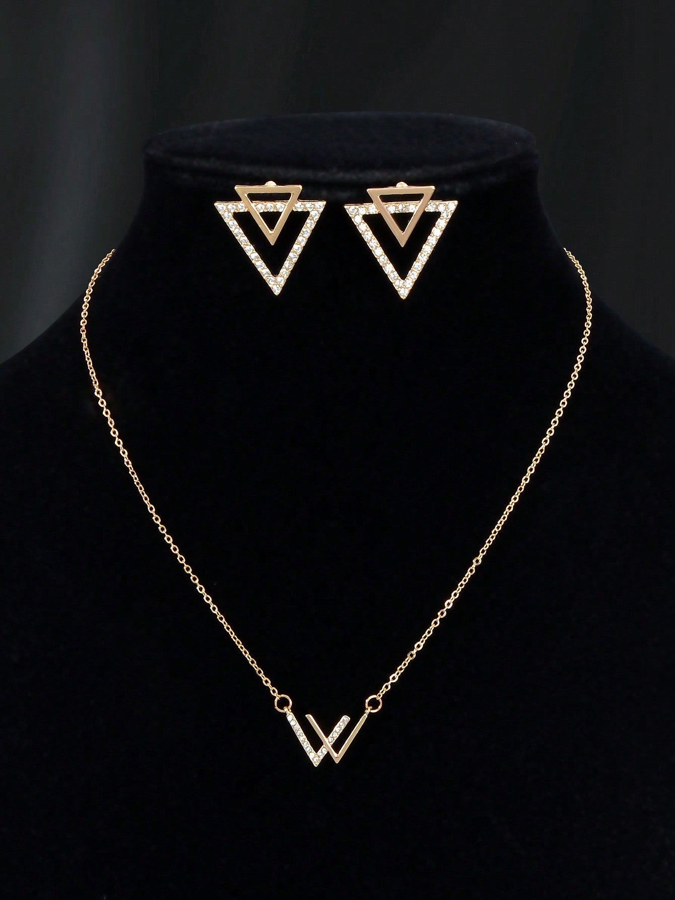 Double V Pendant Necklace with Triangle Earrings Set Chic Stylish Jewellery Gift-2