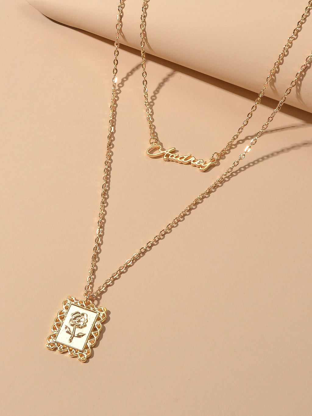 Unique Double layer Chain Letter Charm Flower Pattern Square Pendant Necklace-2